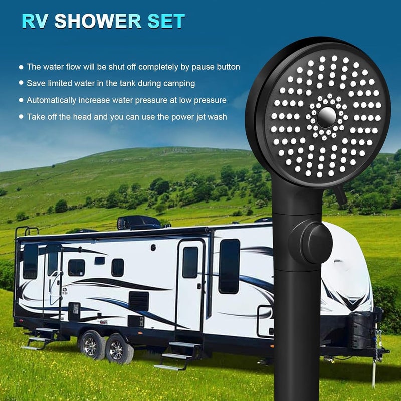 FOCSPROD RV Shower Head with Hose, High Pressure 5 Mode Shower head Replacement, Shower Head for RV/Campers, Travel Trailer, Motorhome for Water Saving, Shower Head Holder and Hose, On Off Switch, Black - Image 2